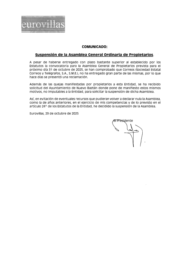 SUSPENSION ASAMBLEA GENERAL 31 OCTUBRE 2025